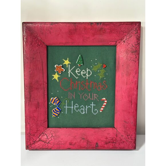 Handmade Christmas Framed Cross Stitch Art Keep Christmas In Your Heart - Picture 1 of 9
